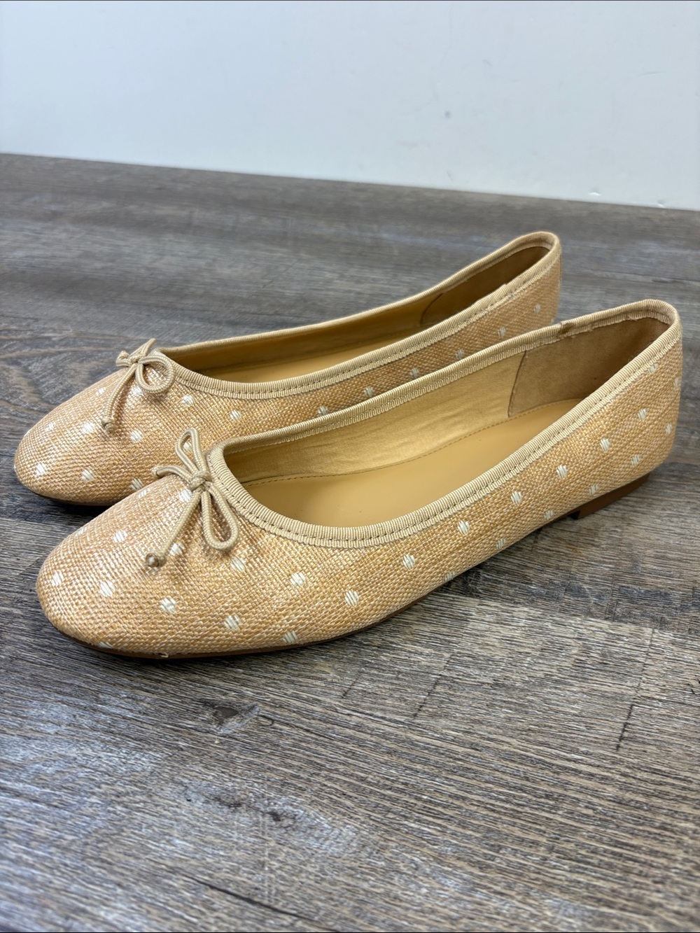 J.Crew Woven Polka Dot Ballet Flats Tan Ivory Bow Women’s Size 8.5